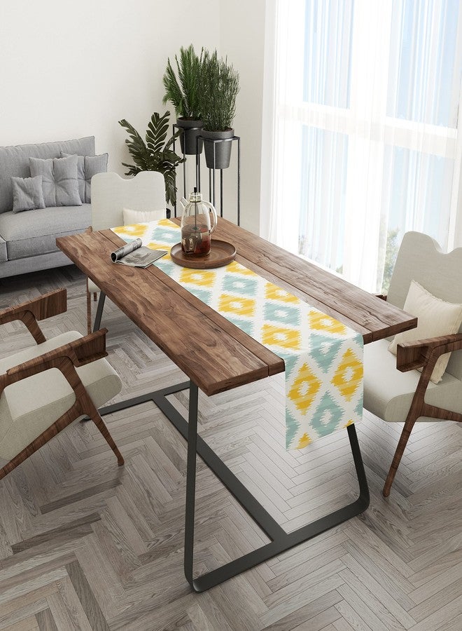 STITCHNEST Ikat Yellow Teal Printed Poly Cotton Table Runner and Bed Runner (13 x 60 Inches ) - Image 3